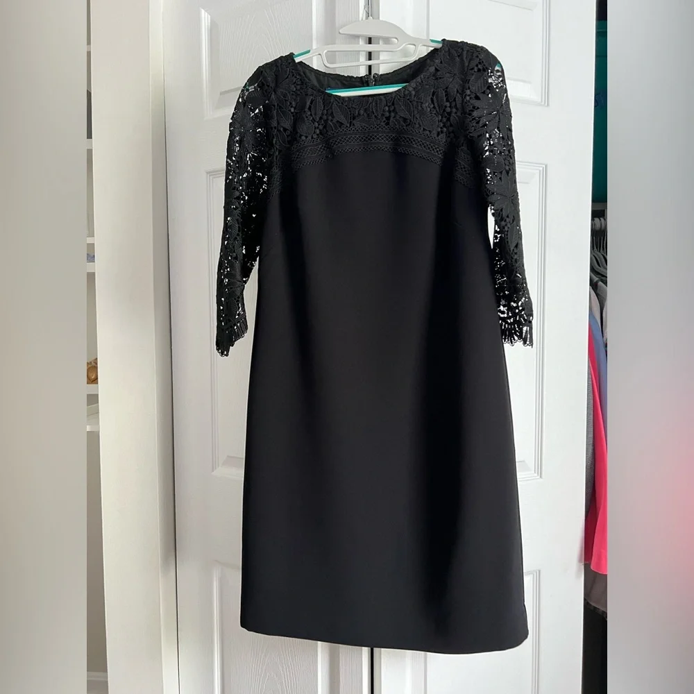 Women’s Talbots Long Lace Sleeve Black Sheath Knee Length Occasion Dress EUC - Picture 3 of 6